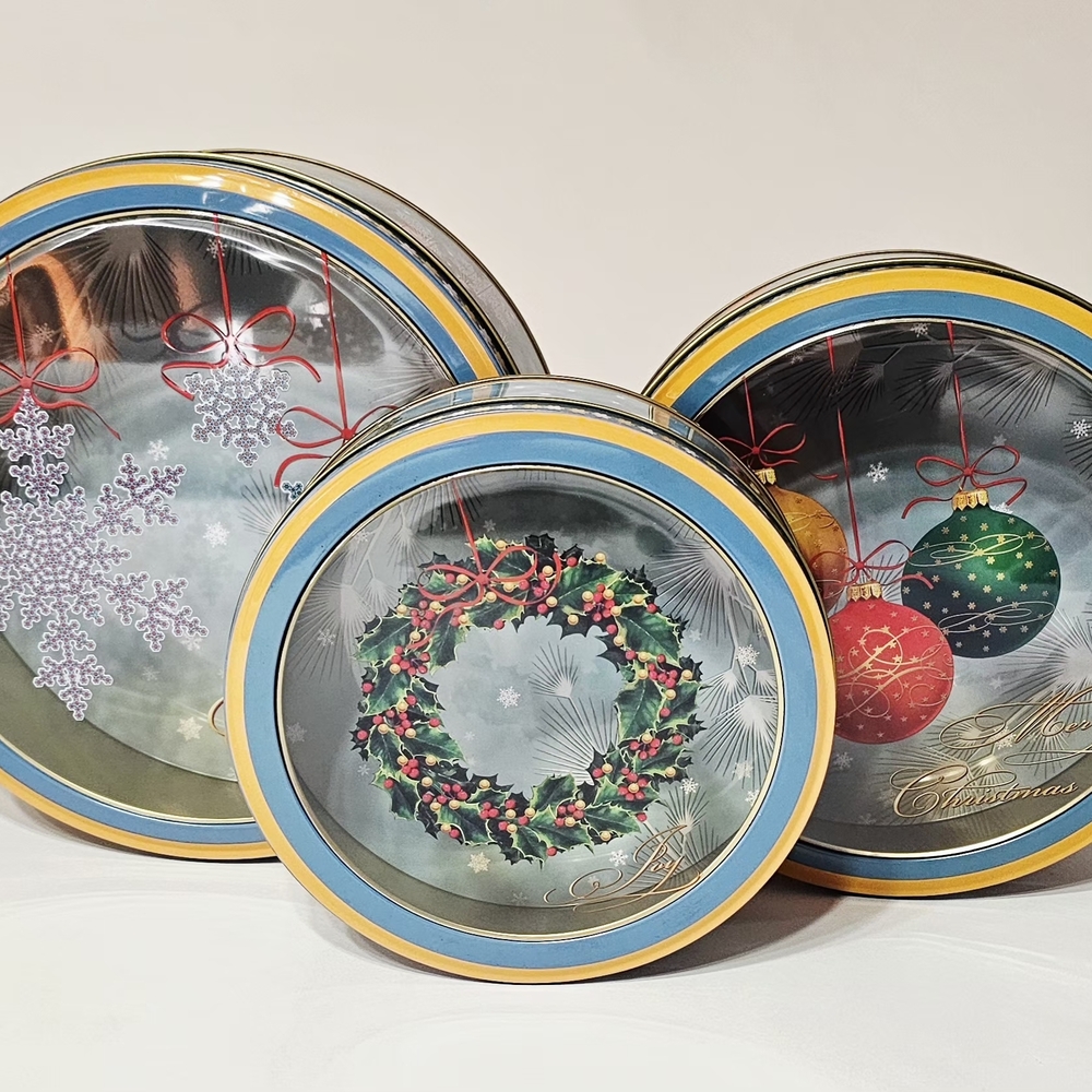 3 Nested Metal Holiday Tin Trio with Snowflake, Wreath, and Ornament Designs